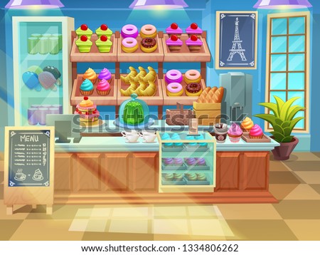 Background bakery shop interior. Cute sweets shop showcase in cartoon style with cupcakes, pie, cakes, donuts. Royalty-Free Stock Photo #1334806262