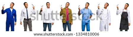 Set of doctor, barber and businessman holding a credit card and thinking