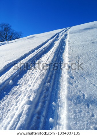 Fresh razer tracks in powder snow under clear blue sky at winter