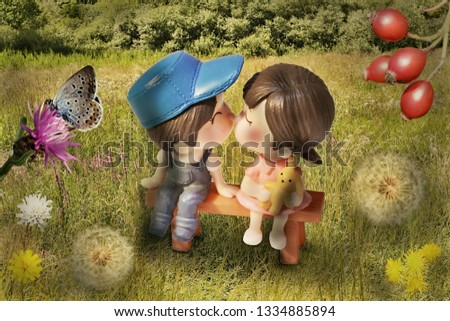 The boy and the girl sit on a bench on a green meadow and are about to kiss. Created using photomanipulation.