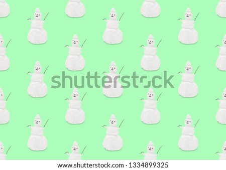 light green minimalistic seamless pattern with a funny snowman in pastel colors, modern art collage