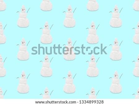 light blue minimalistic seamless pattern with a funny snowman in pastel colors, modern art collage