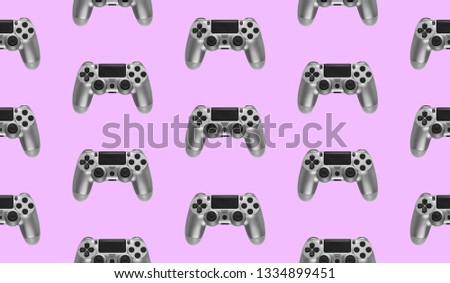Colorful purple seamless pattern with silver gamepad, minimal design. Modern art collage