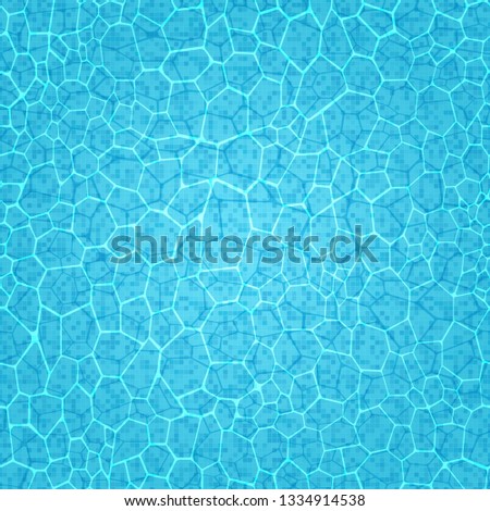 Swimming pool water caustics ripple with sunlight reflections vector illustration. Clean blue water shimmering ripple surface wavy texture. Swimming pool with mosaic tile bottom top view background.