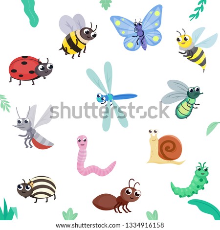 Insect set. Cute insects, cartoon style. flying and crawling. butterfly, bee, wasp, fly, ladybug, dragonfly, ant, colorado beetle, mosquito, caterpillar, snail, worm. Isolated illustration 