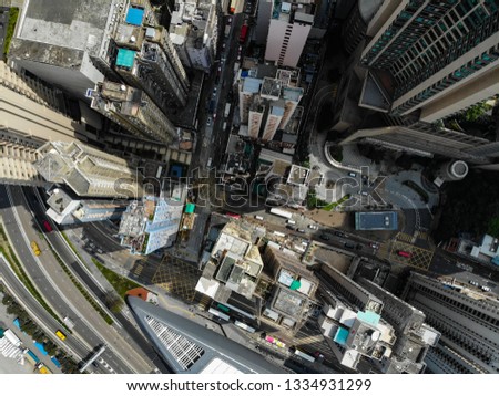 Drone shot of Hong Kong buildings. Aerial view of the city.