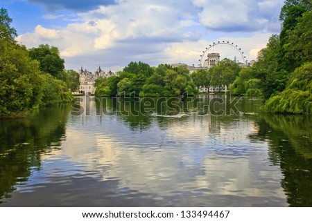 view of oak island in saint james park, london Royalty-Free Stock Photo #133494467