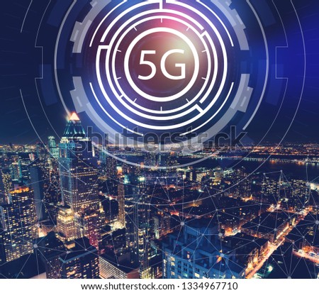 5G network with aerial view of Manhattan, NY skyline