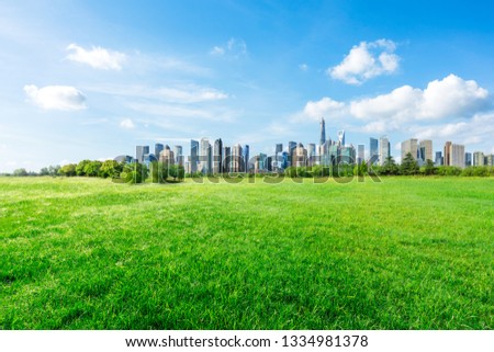 Shanghai city skyline and green grass under the blue sky,China