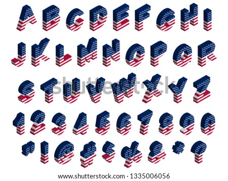 3d isometric usa flag font, letters, numbers, symbols and signs, stock vector illustration clip art