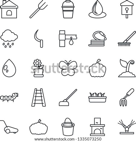 Thin Line Icon Set - garden fork vector, farm, rake, ladder, bucket, sproute, lawn mower, butterfly, house, seedling, water drop, rain, hose, hoe, sickle, pumpkin, fireplace, caterpillar, bird