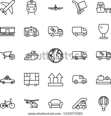 Thin Line Icon Set - plane vector, baggage conveyor, train, waiting area, alarm car, ladder, helicopter, wheelbarrow, ambulance, bike, earth, sea shipping, delivery, port, consolidated cargo, moving