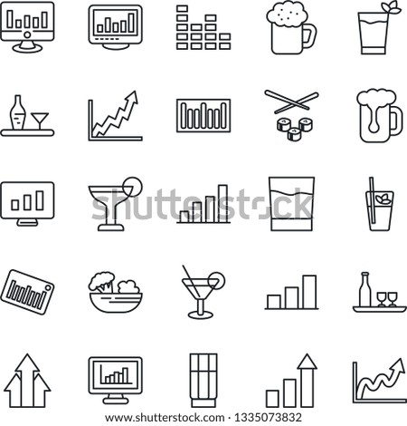 Thin Line Icon Set - growth statistic vector, monitor, barcode, equalizer, statistics, bar graph, alcohol, drink, cocktail, phyto, beer, salad, sushi, arrow up