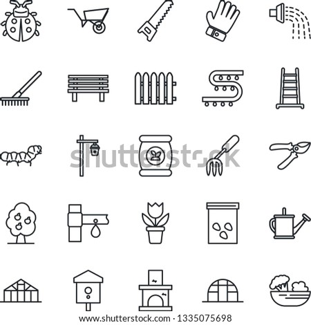 Thin Line Icon Set - flower in pot vector, garden fork, fence, rake, ladder, watering can, wheelbarrow, pruner, glove, saw, lady bug, bench, light, fireplace, greenhouse, seeds, caterpillar, salad