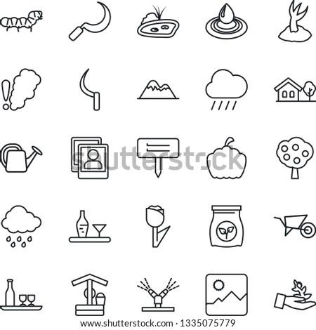 Thin Line Icon Set - watering can vector, wheelbarrow, sproute, rain, well, sickle, plant label, pumpkin, caterpillar, fertilizer, tulip, gallery, photo, house with tree, pond, fruit, mountains