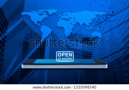 Open 24 hours icon on modern smart mobile phone screen on wooden table over world map, city tower and skyscraper, Business full time service online concept, Elements of this image furnished by NASA