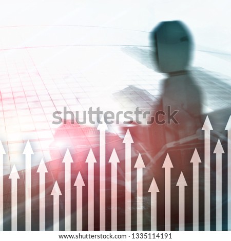 Up arrow graph on skyscraper background. Invesment and financial growth concept.