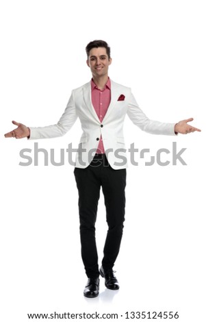 smiling modern man welcoming on white background