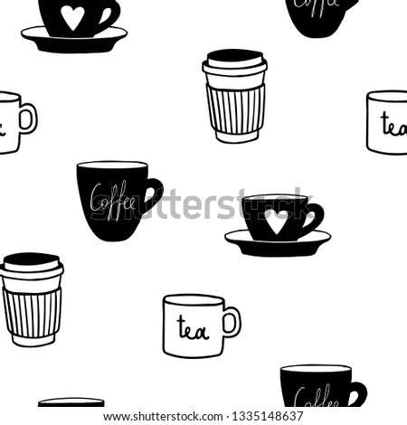 Cups mug pattern, seamless, tile, background hand drawn style vector doodle design illustrations