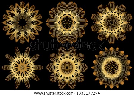 Set of 6 Decorative Round Lace Ornate Mandala. Vintage Vector Pattern For Print. Gold black color.