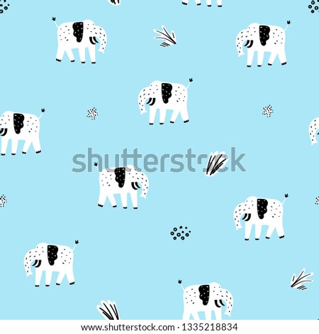Safari animals seamless pattern with cute elephants. Vector texture in childish style great for fabric and textile, wallpapers, backgrounds. Pastel colors.