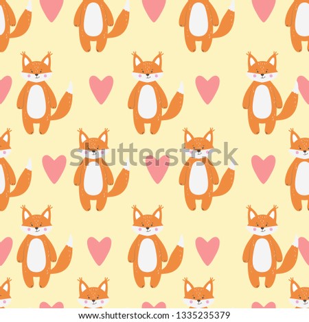 Vector seamless pattern with cute funny orange fox animal character on yellow background. Ideal for kids greeting cards, posters, invitations, gift wrapping paper