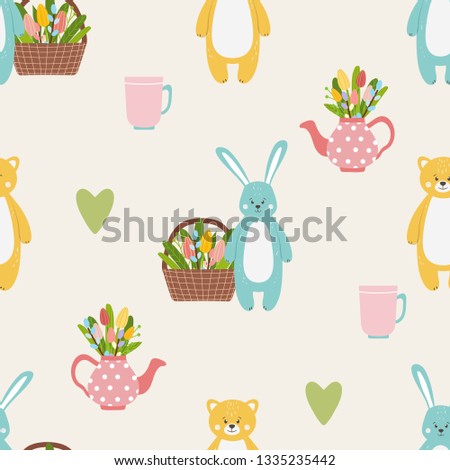 Vector seamless pattern with cute funny blue hare and yellow bear animalsc characters with a basket of spring tulips flowers, kettle, cups and hearts on yellow background. Ideal for kids greeting card