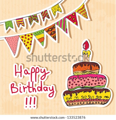 birthday card with cake and flags eps10 illustration