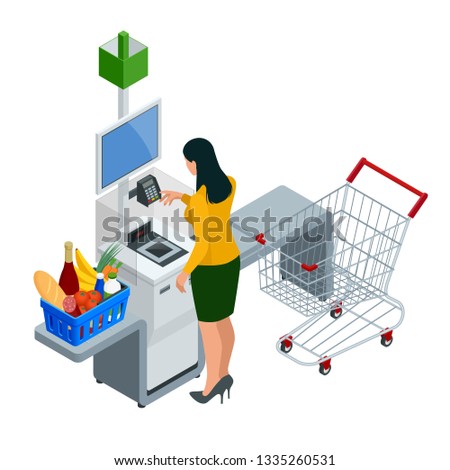 Isometric self-service cashier or terminal. Young woman paying at the self-service counter using the touchscreen display