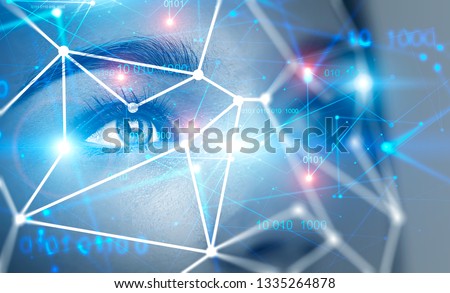 Close up of beautiful young woman face with face recognition mesh and immersive binary interface. Concept of hi tech. Toned image double exposure