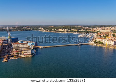 Aerial shot of Pula panorama with old shipyard, Istra region, Croatia.