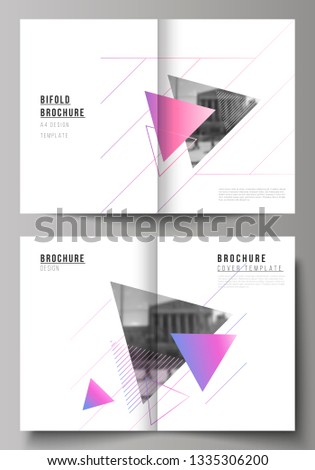 The vector layout of two A4 format modern cover mockups design templates for bifold brochure, magazine, flyer, booklet, report. Colorful polygonal background with triangles with modern memphis pattern