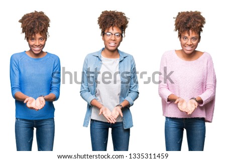 Collage of young beautiful african girl over isolated background Smiling with hands palms together receiving or giving gesture. Hold and protection