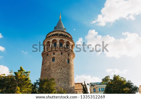 Located in Beyoglu district in İstanbul, Galata Tower takes your breath away with a beautiful panoramic view of the Penninsula, where oldtown holds many other great landmarks. Royalty-Free Stock Photo #1335312269