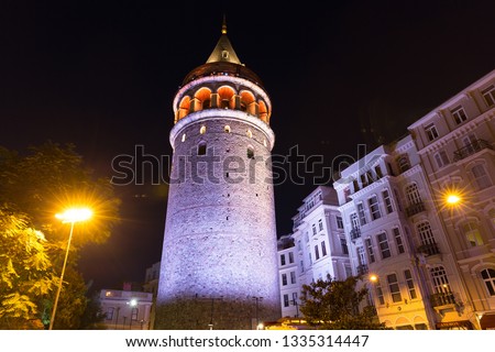 Night view of Galata Tower. Located in Beyoglu district in İstanbul, Galata Tower takes your breath away with a beautiful panoramic view of the Penninsula Royalty-Free Stock Photo #1335314447