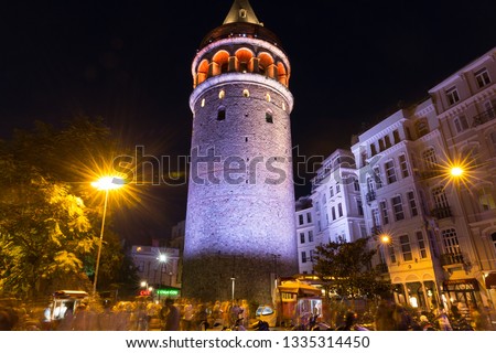 Night view of Galata Tower. Located in Beyoglu district in İstanbul, Galata Tower takes your breath away with a beautiful panoramic view of the Penninsula Royalty-Free Stock Photo #1335314450