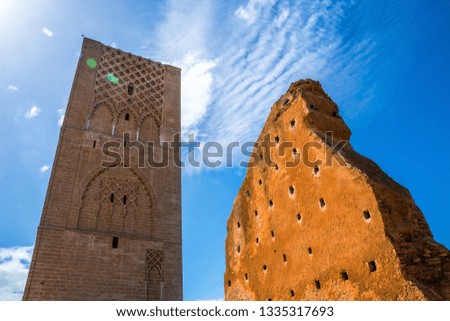 Amazing Hassan tower and part of the unfinished wall at Mausoleum of Mohammed V in Rabat, Morocco on sunny day. Artistic picture. Beauty world.
