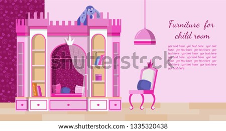 Cozy vector furniture for children princess girl room with cupboard and chair in pink colours. Banner template, web site background.