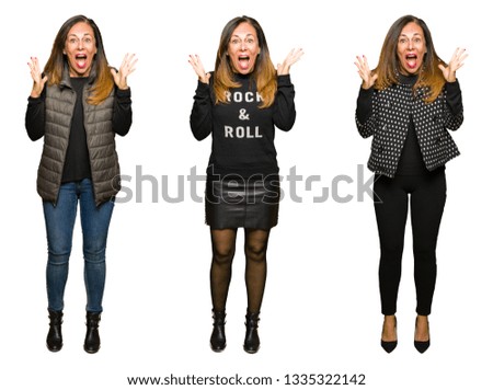 Collage of beautiful and fashion middle age woman over white isolated background celebrating crazy and amazed for success with arms raised and open eyes screaming excited. Winner concept