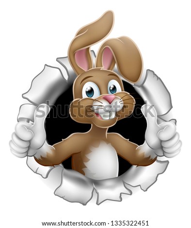 Easter bunny rabbit cartoon character breaking through the background and giving a thumbs up