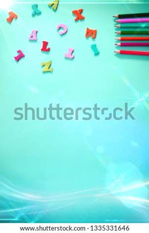 Beautiful bright fun kids creative modern top view flat lay close up colorful cool artistic photo of colorful tings,crayons,lattes on clean background with copy space with light retro bokeh effects