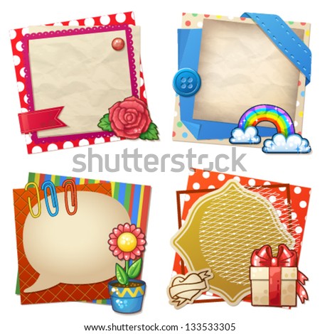 Sets of paper and other items for scrapbooking