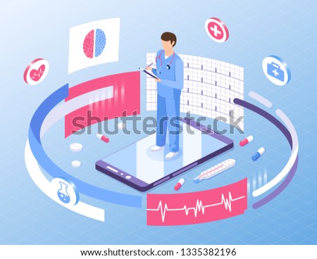 Online medicine healthcare isometric illustration. Web design vector template. Male doctor on smartphone with medication, symbols and documents. 