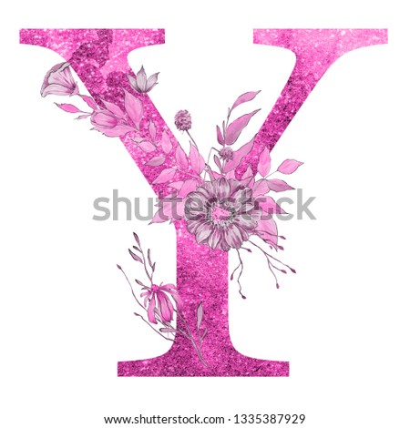 Pink glitter watercolor letter of the alphabet with flowers and leaves on the white isolated background. Floral elegant design.