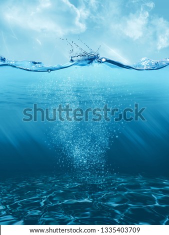 Underwater view with a sea surface, seabed and sky Royalty-Free Stock Photo #1335403709