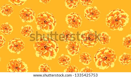Orange Flowers, Seamless Pattern. Roses or Peony. Vintage Floral Background for Textile Print. Yellow Flowers Hand Drawn in Watercolor Style. Elegant Feminine Texture for Fabric. Flowers Illustration.