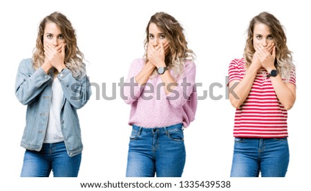 Collage of young beautiful blonde girl over isolated background shocked covering mouth with hands for mistake. Secret concept.