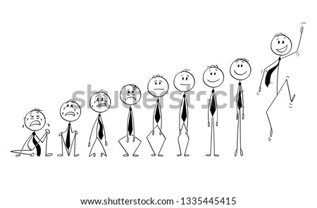 Cartoon stick figure drawing conceptual illustration of set or group of businessmen characters showing various emotions between depression and joy. Concept of investor or market sentiment.
