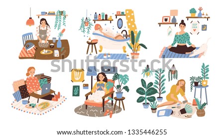 Set of women enjoying their free time, performing leisure activities and doing hobbies - cultivating home garden, meditating, taking bath, reading book, cooking. Flat cartoon vector illustration.