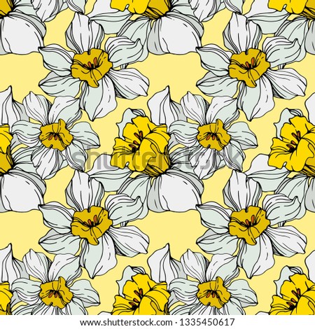Vector White narcissus floral botanical flower. Wild spring leaf wildflower isolated. Engraved ink art on white background. Seamless background pattern. Fabric wallpaper print texture.